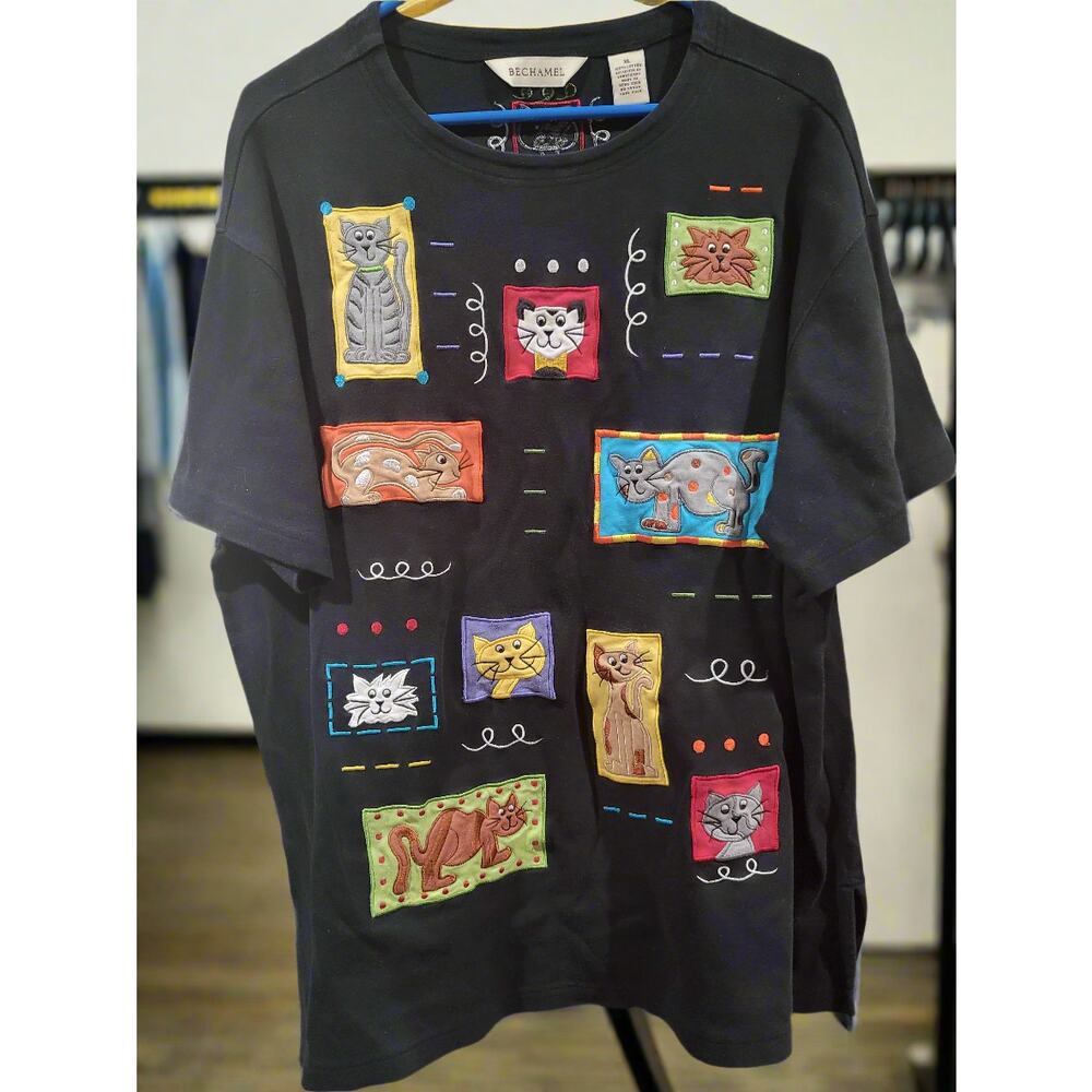 Vintage 80s Bechamel Patchwork Cat Lady XL Womens Black Cotton T-Shirt
